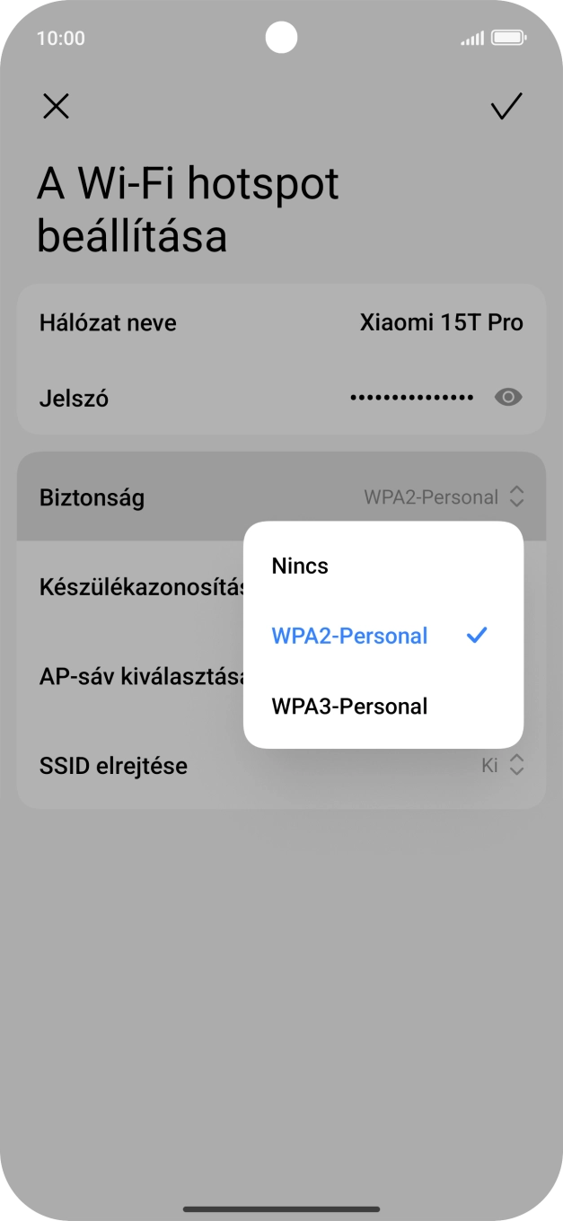 Válaszd a WPA3-Personal lehetőséget, ha jelszóval szeretnéd védeni a Wi-Fi hotspotodat.