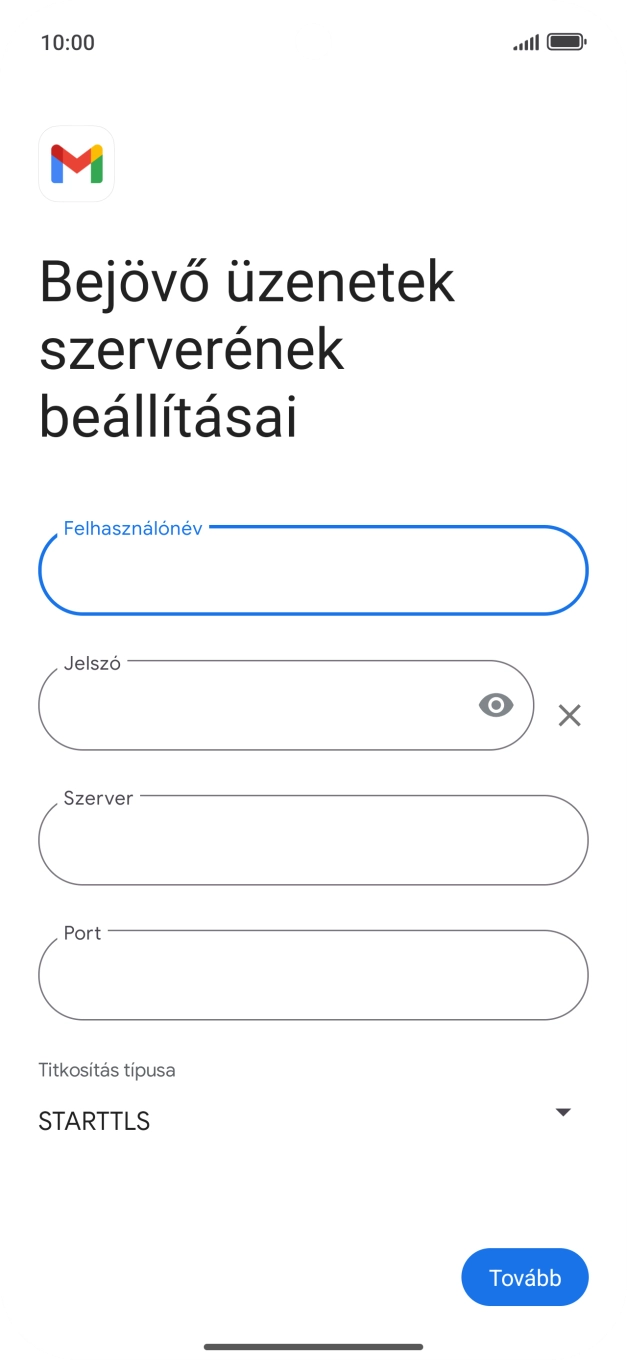 Kattints a „Szerver” alatti mezőre, és írd be az e-mail szolgáltatód bejövő szerverének a nevét.
