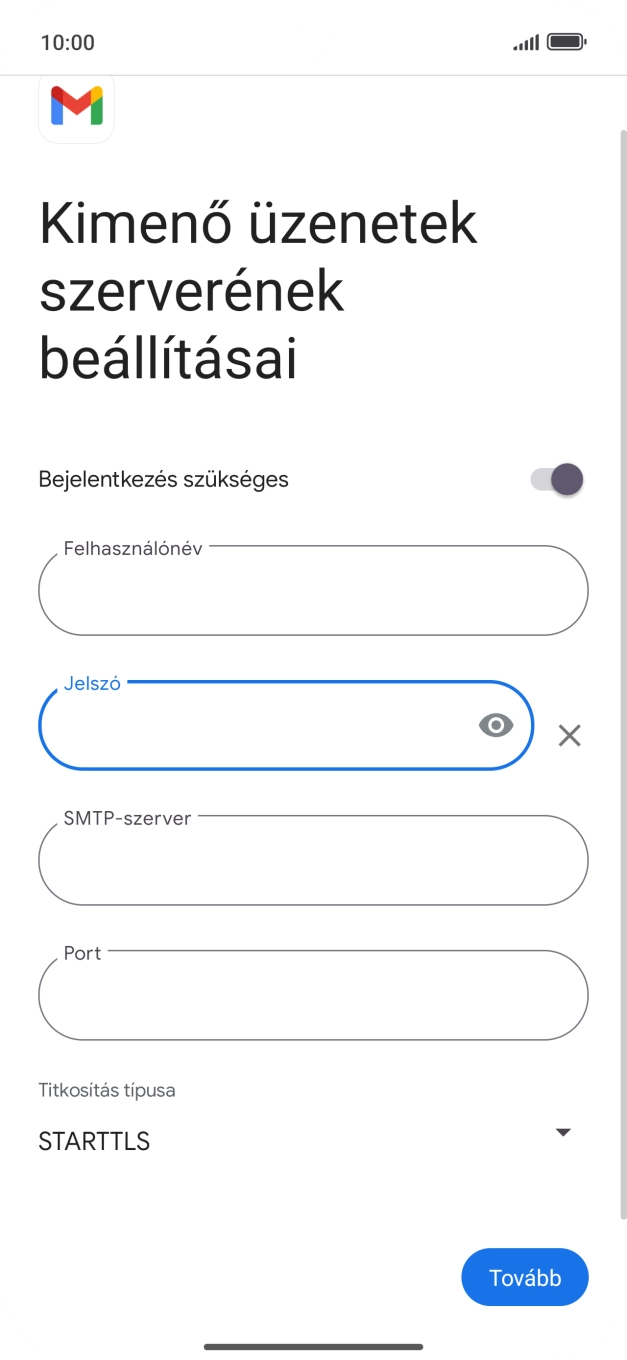 Kattints az „SMTP-szerver” alatti mezőre, és írd be az e-mail szolgáltatód kimenő szerverének a nevét.