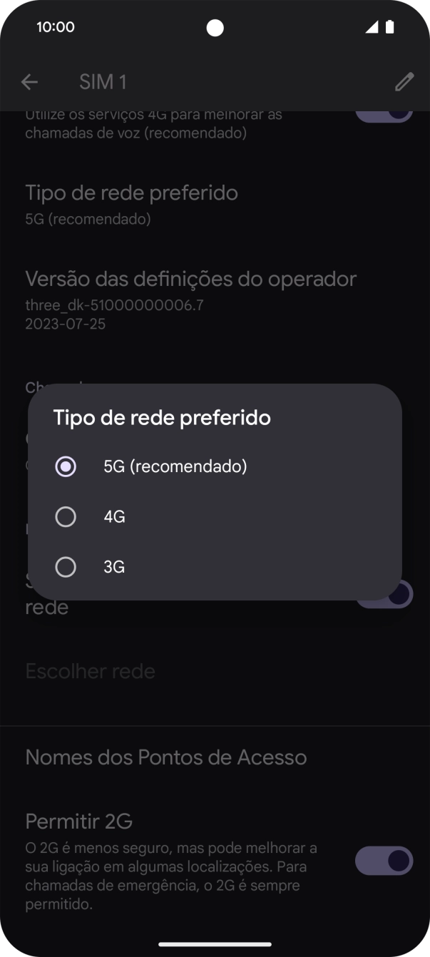 Prima o tipo de rede pretendido.
