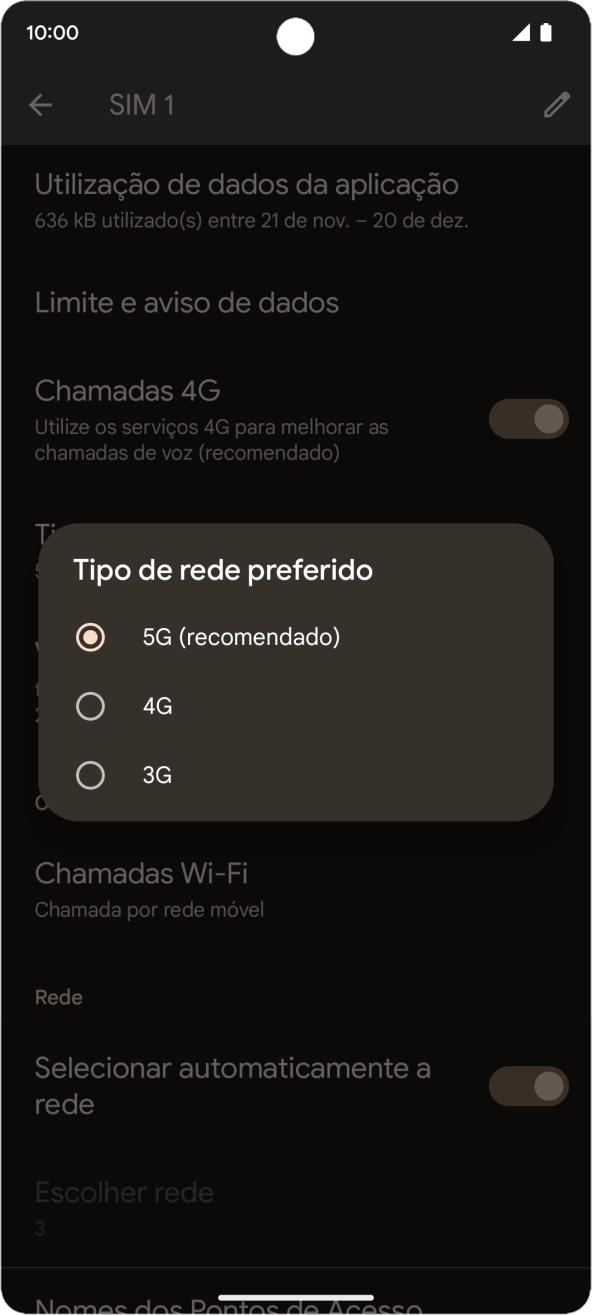 Prima o tipo de rede pretendido.