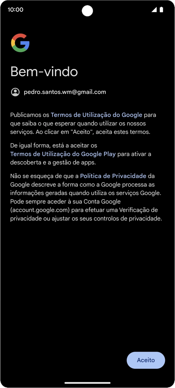 Prima Aceito e siga as indicações no ecrã para escolher as definições da conta Google.