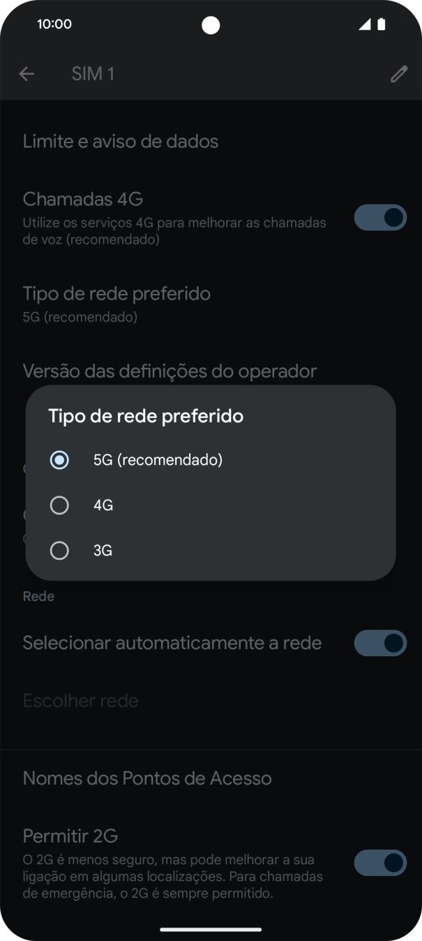Prima o tipo de rede pretendido.