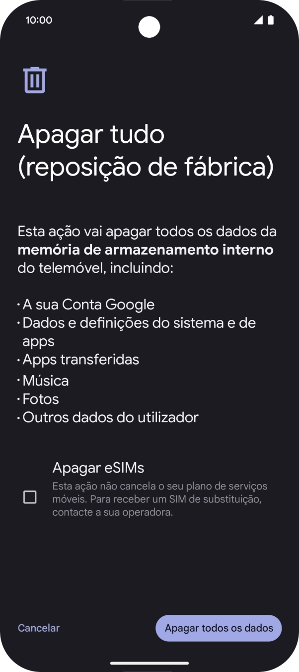 Prima Apagar todos os dados.