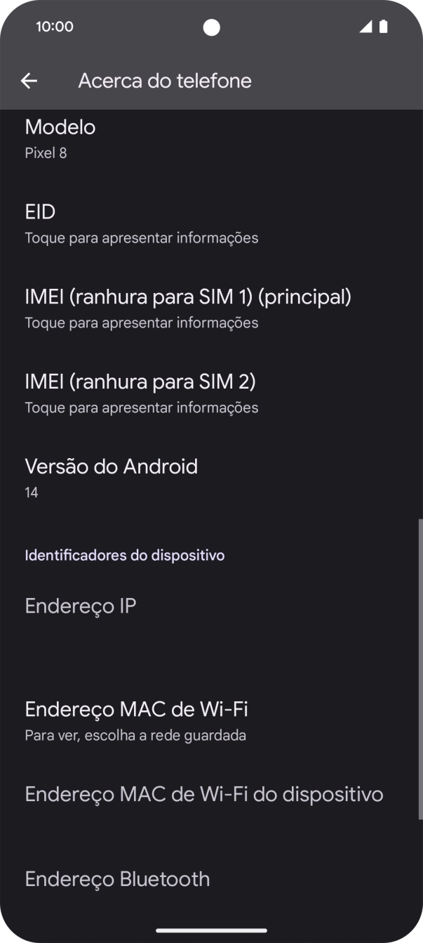 O código IMEI é mostrado no ecrã.