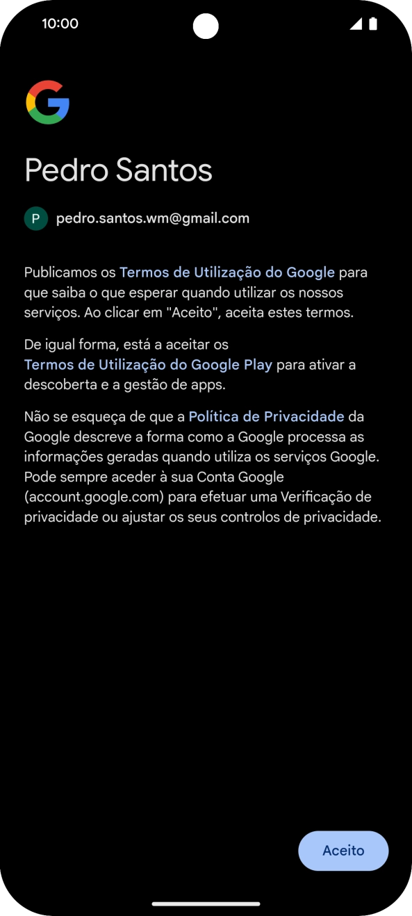 Prima Aceito e siga as indicações no ecrã para escolher as definições da conta Google.