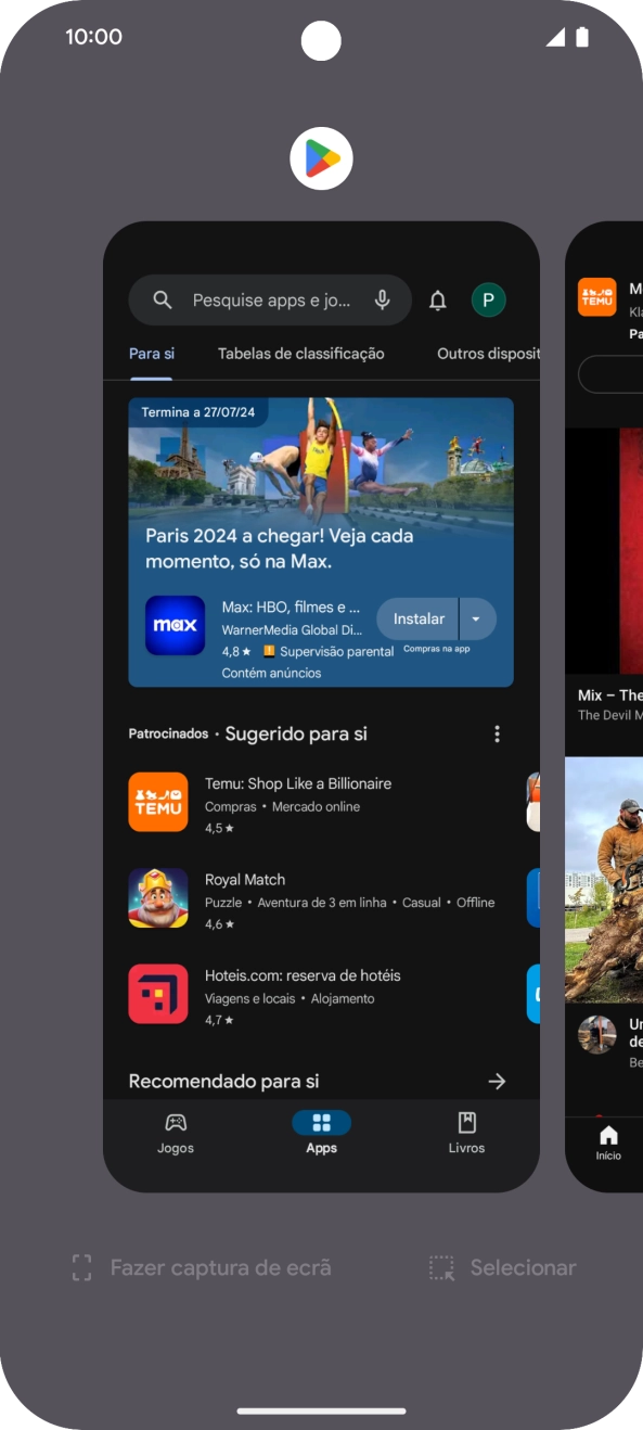 Para terminar uma aplicação em curso, deslize o dedo para cima na aplicação pretendida.