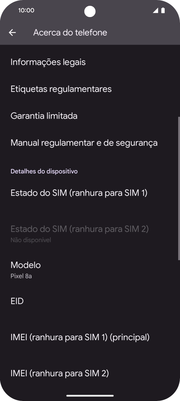 O código IMEI é mostrado no ecrã.