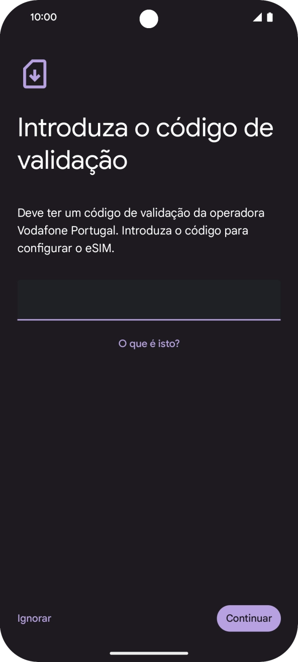 Introduza o código de confirmação enviado e prima Continuar.