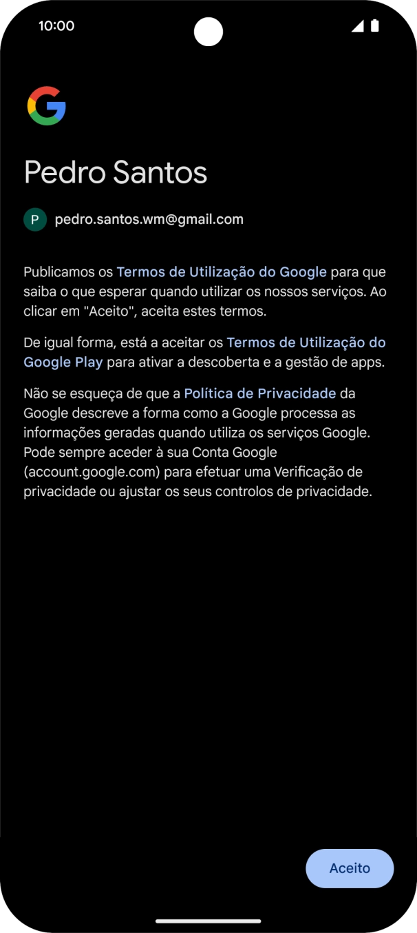Prima Aceito e siga as indicações no ecrã para escolher as definições da conta Google.