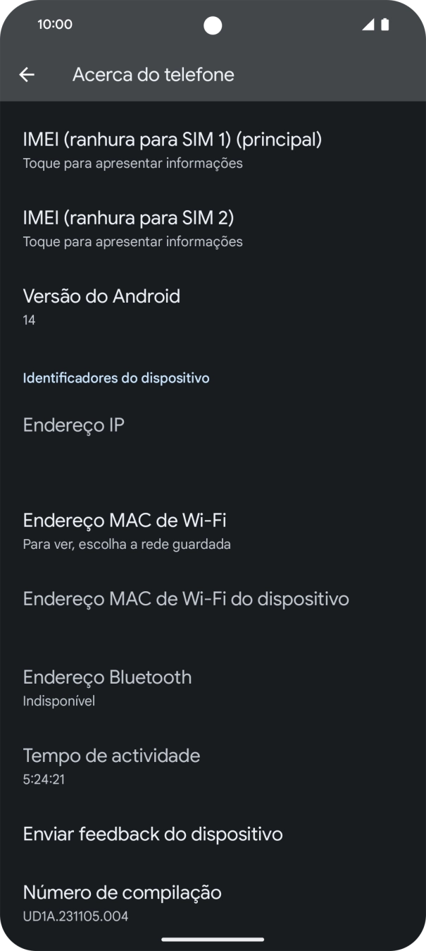 O código IMEI é mostrado no ecrã.