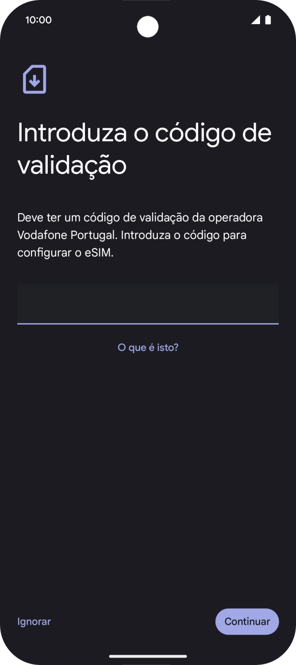Introduza o código de confirmação enviado e prima Continuar.