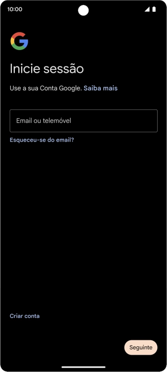 Se não tiver uma conta Google, prima Criar conta e siga as indicações no ecrã para criar uma conta.