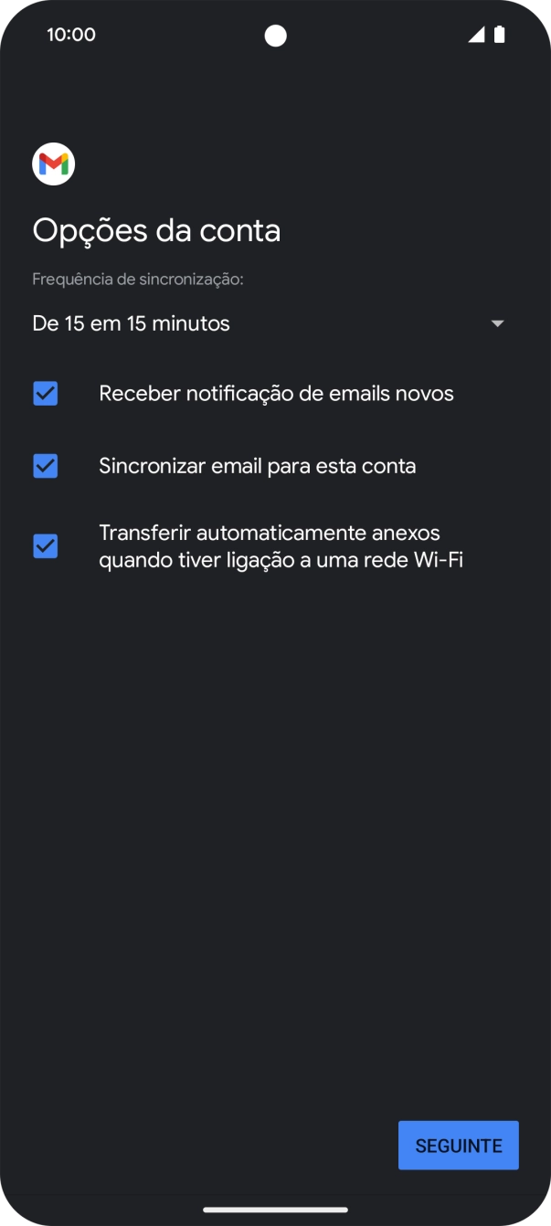 Se o ecrã mostrar esta imagem, a sua conta foi identificada e configurada automaticamente. Siga as indicações no ecrã para introduzir informações adicionais e concluir a configuração.