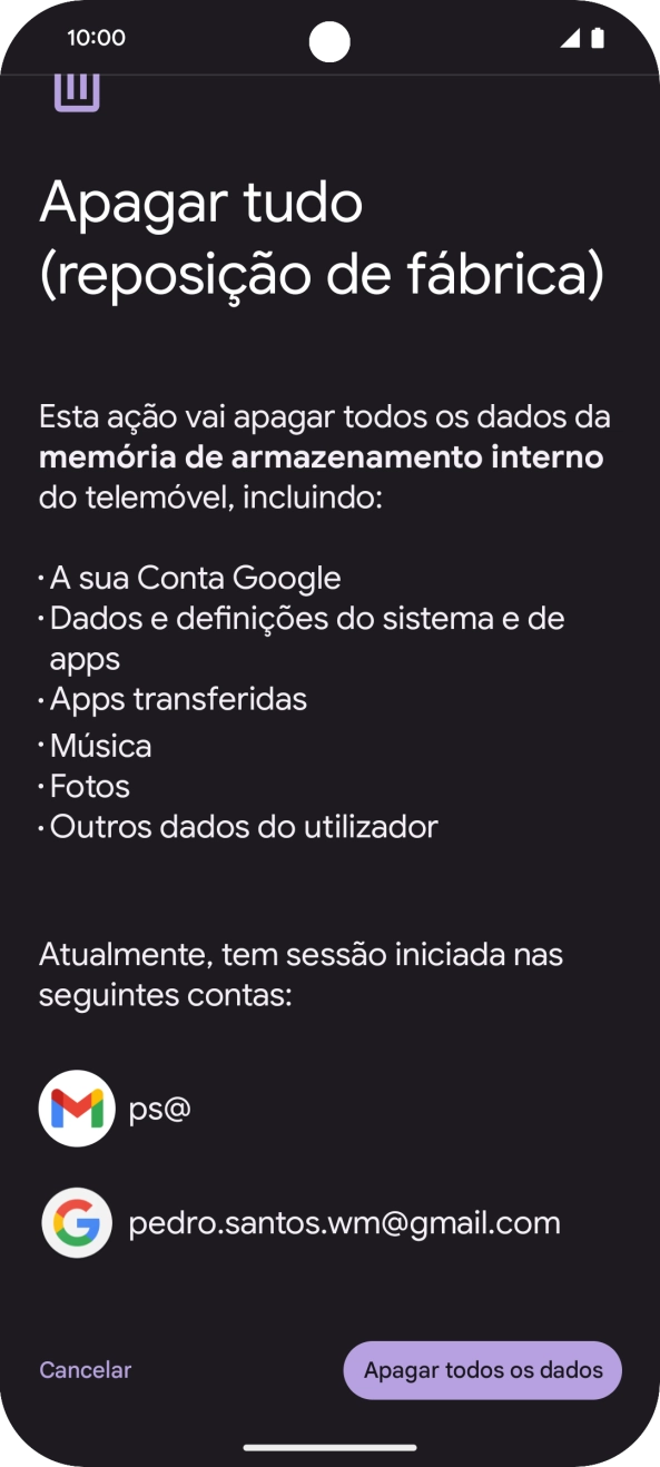 Prima Apagar todos os dados.