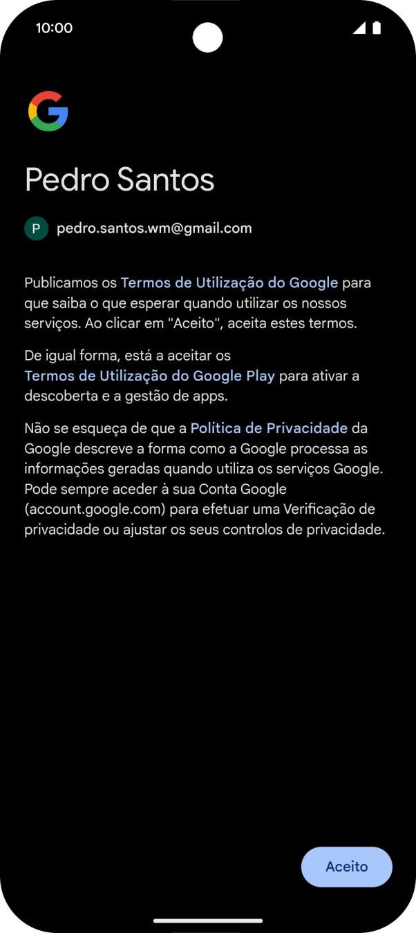 Prima Aceito e siga as indicações no ecrã para escolher as definições da conta Google.