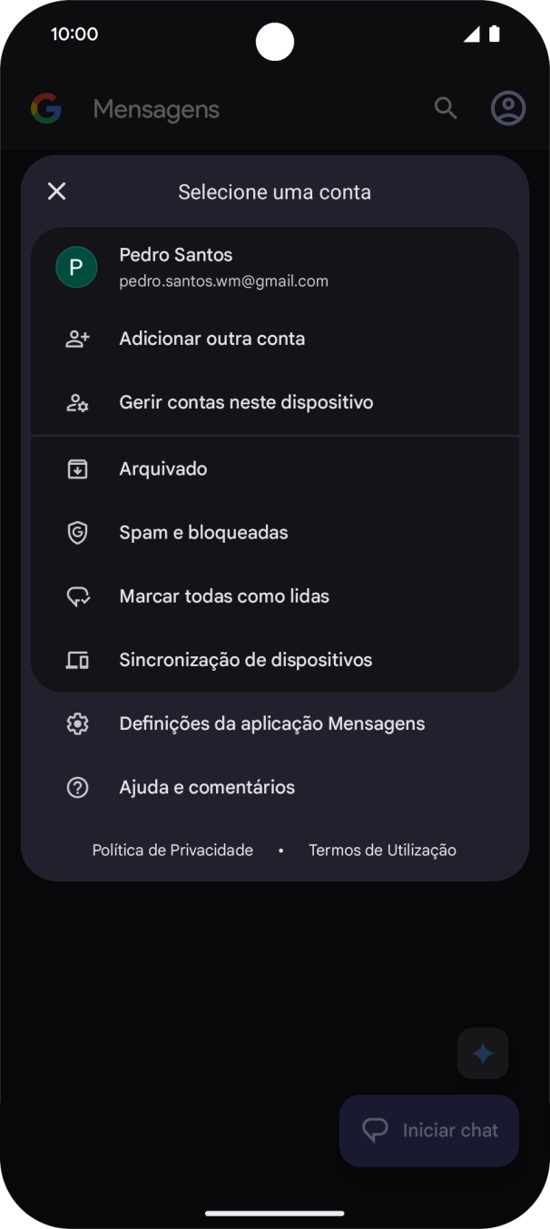 Prima Definições da aplicação Mensagens.