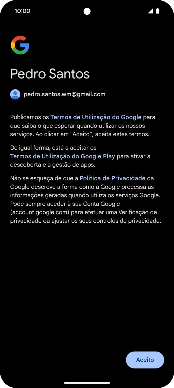 Prima Aceito e siga as indicações no ecrã para escolher as definições da conta Google.