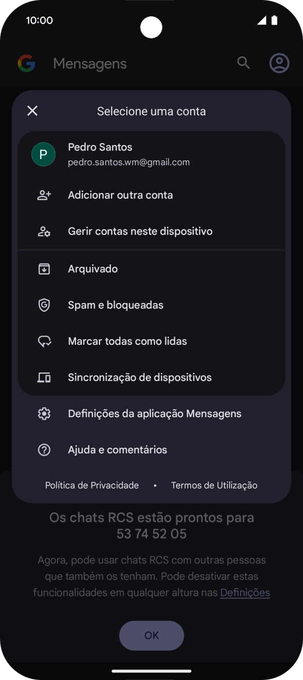 Prima Definições da aplicação Mensagens.