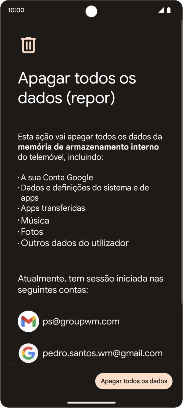 Prima Apagar todos os dados.