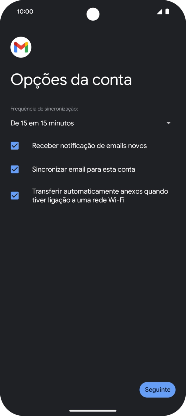 Se o ecrã mostrar esta imagem, a sua conta foi identificada e configurada automaticamente. Siga as indicações no ecrã para introduzir informações adicionais e concluir a configuração.