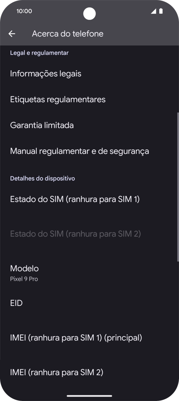 O código IMEI é mostrado no ecrã.