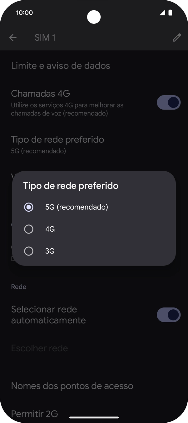 Prima o tipo de rede pretendido.