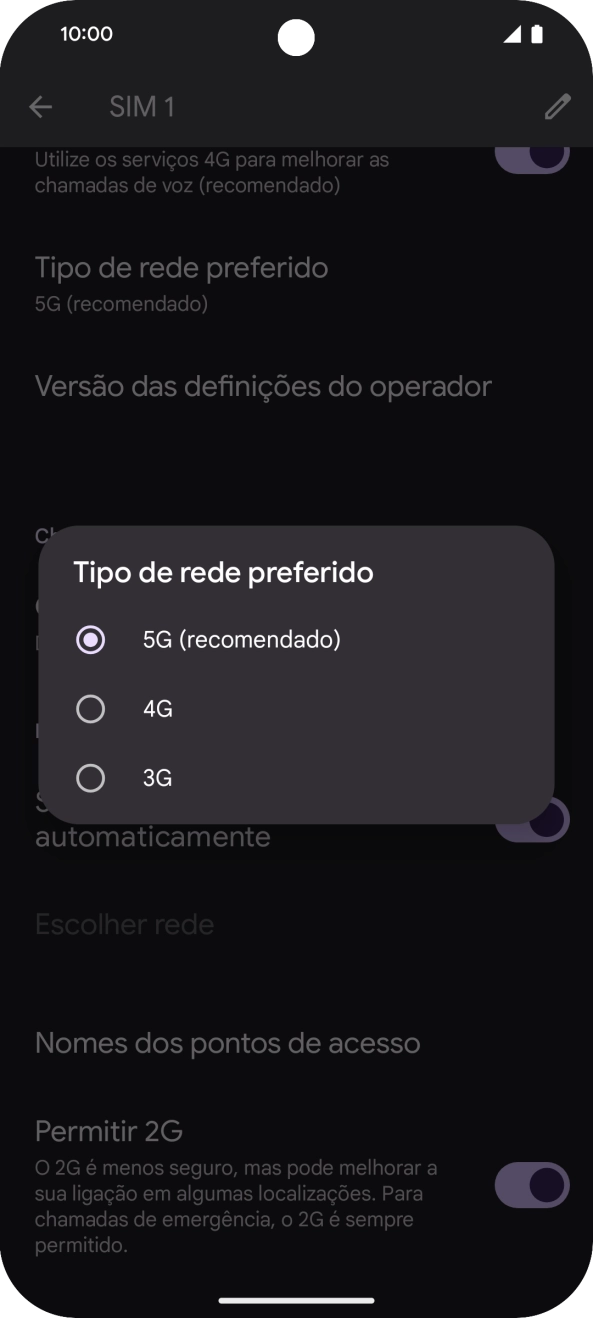 Prima o tipo de rede pretendido.