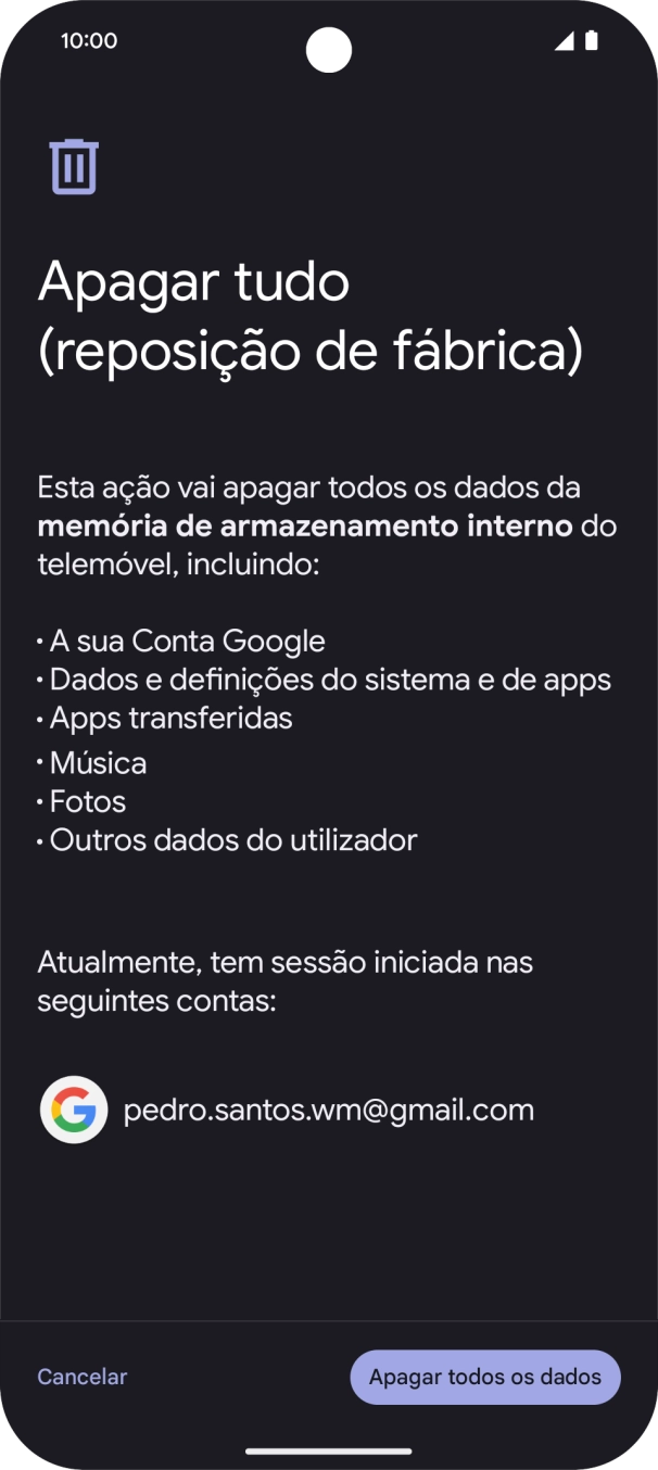 Prima Apagar todos os dados.