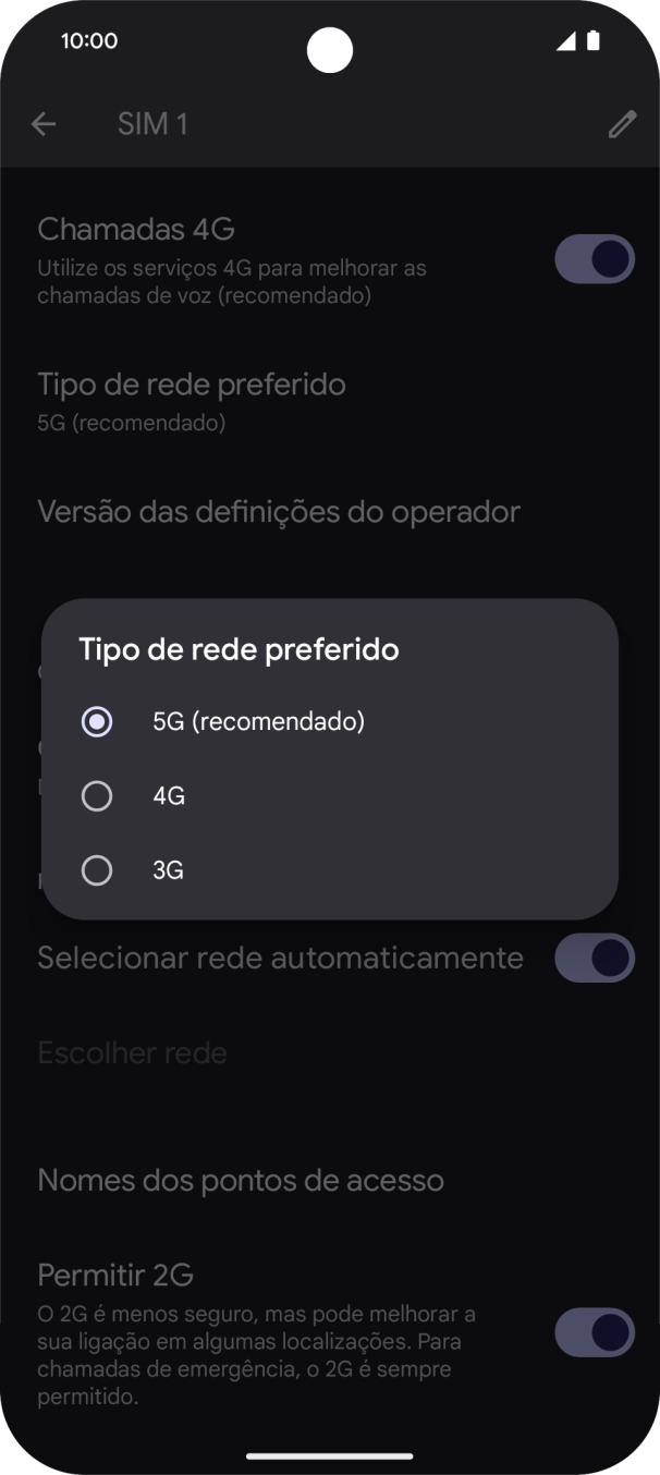Prima o tipo de rede pretendido.