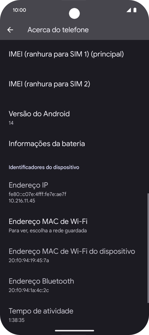 O código IMEI é mostrado no ecrã.