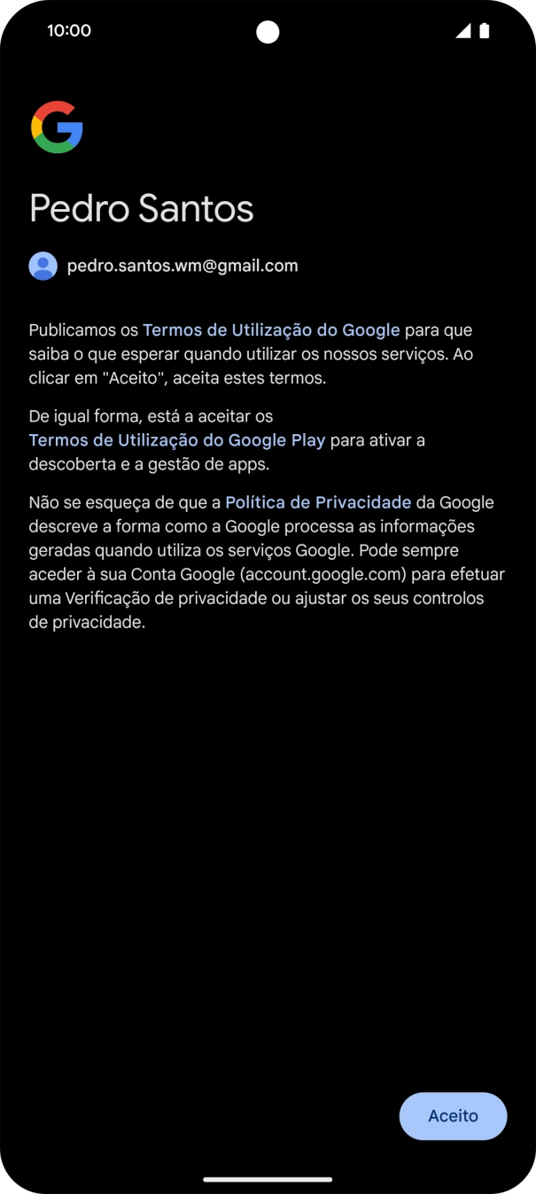 Prima Aceito e siga as indicações no ecrã para escolher as definições da conta Google.