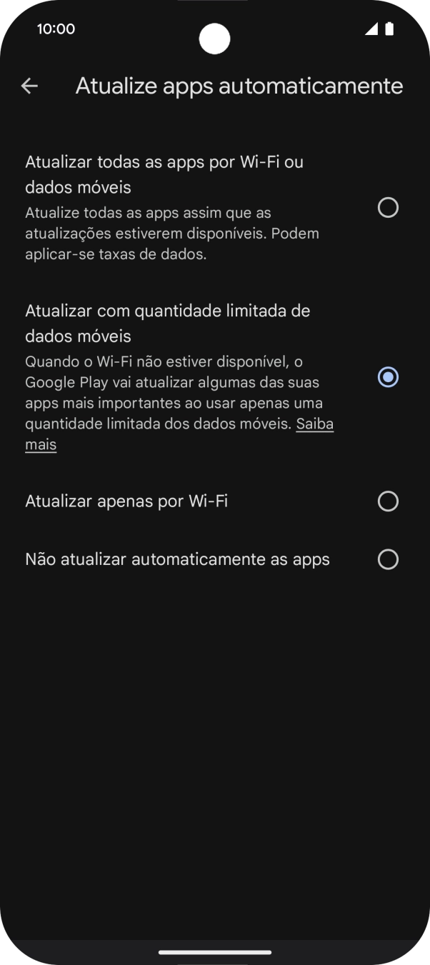 Para ativar a atualização automática de apps via redes móveis, prima Atualizar todas as apps por Wi-Fi ou dados móveis.