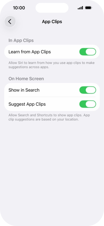 Press the indicators next to the required settings to turn them on or off.