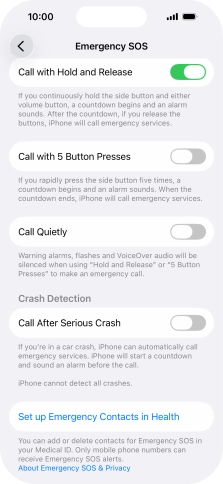 Press the indicator next to 'Call After Serious Crash' to turn on the function.