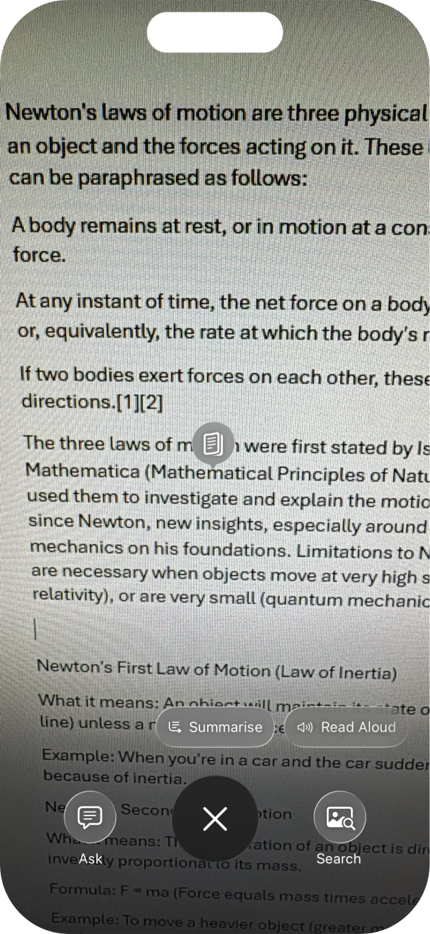 To use visual intelligence on a text, take a picture of the text, press the required setting and follow the instructions on the screen to use the function.