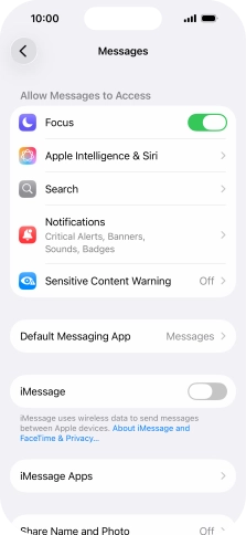 Press the indicator next to 'iMessage' to turn on the function.