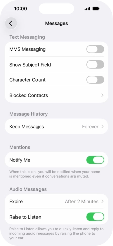 Press the indicator next to 'MMS Messaging' to turn on the function. Press the indicator next to 'MMS Messaging' to turn on the function.