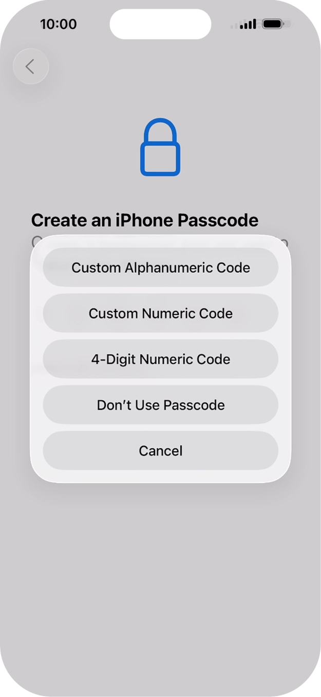 Follow the instructions on the screen to turn on the lock code or press Don't Use Passcode.