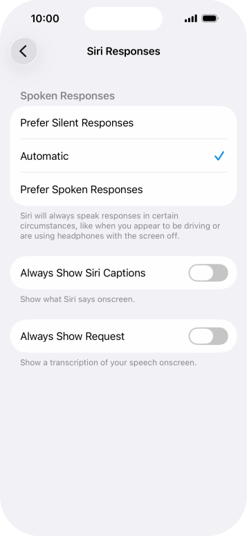 Press the required setting.