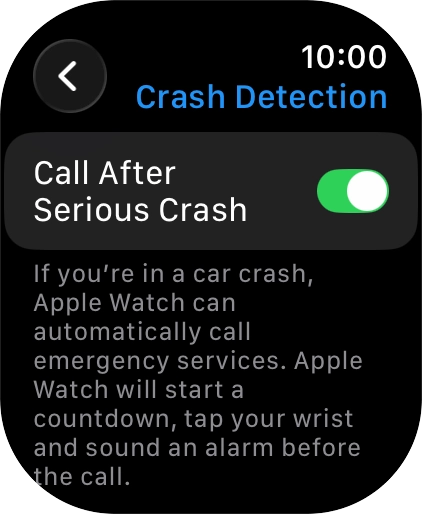 Press the indicator next to 'Call After Serious Crash' to turn on the function.