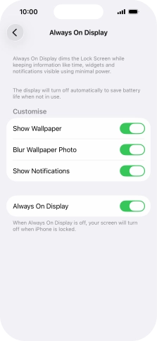 Press the indicator next to 'Always On Display' to turn the function on or off. Press the indicator next to 'Always On Display' to turn the function on or off.