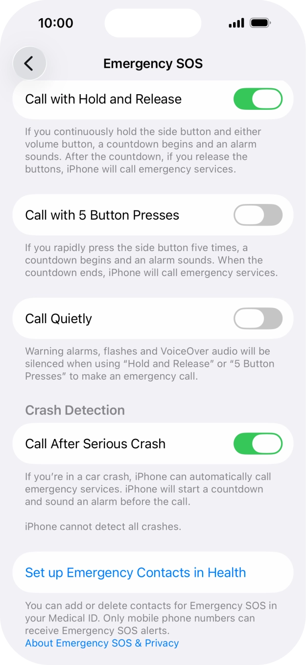 Press Set up Emergency Contacts in Health and follow the instructions on the screen to key in your emergency info and emergency contacts.