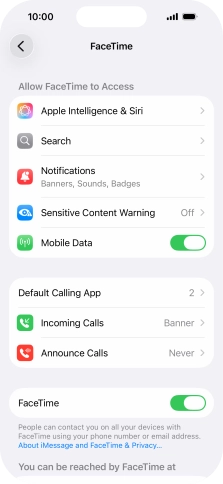 Press the indicator next to 'FaceTime' to turn the function on or off. Press the indicator next to 'FaceTime' to turn the function on or off.