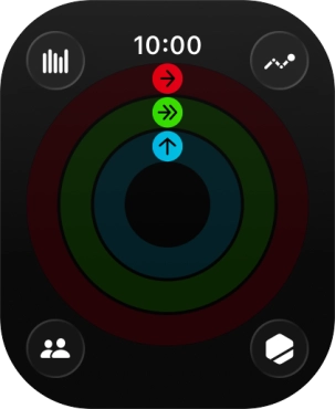 The screen will tell you how far you are from completing your daily activity goals. When the coloured rings are closed, you've reached the goals of your daily activity. The screen will tell you how far you are from completing your daily activity goals. When the coloured rings are closed, you've reached the goals of your daily activity.