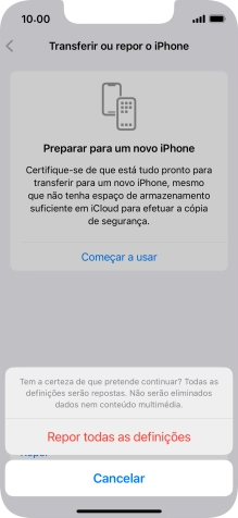 Prima Repor todas as definições. Aguarde um momento enquanto o telefone restabelece as definições originais. Siga as indicações no ecrã para configurar o telefone de modo que este fique pronto a ser utilizado.