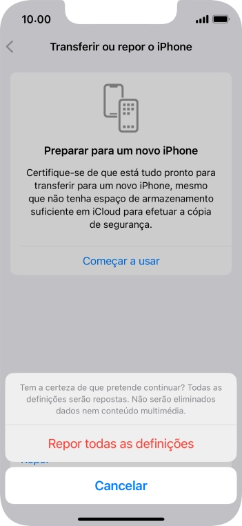 Prima Repor todas as definições. Aguarde um momento enquanto o telefone restabelece as definições originais. Siga as indicações no ecrã para configurar o telefone de modo que este fique pronto a ser utilizado.