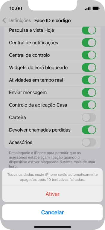 Se ativar a função, prima Ativar.