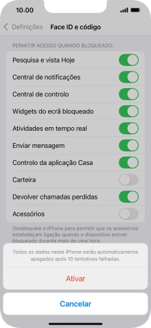Se ativar a função, prima Ativar.
