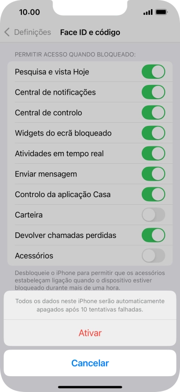 Se ativar a função, prima Ativar.
